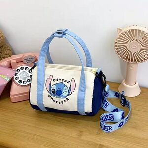 Stitch Canvas Bucket Bag Cute Cartoon Blue and White Cartoon Print Handbag